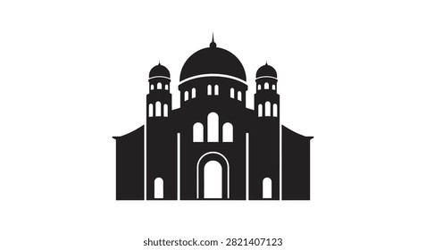 A flat vector icon featuring a simple black silhouette of a traditional church or cathedral with a central dome and two side towers on a white background