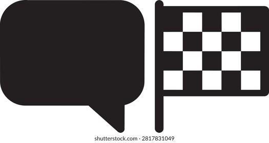 Flat vector icon featuring a speech bubble and checkered finishline flag