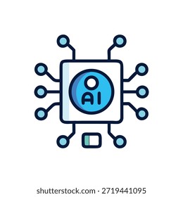 Icono de Vector plano con chip AI azul estilizado en blanco. La composición destaca el concepto de tecnología moderna.