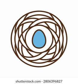 A flat vector icon featuring a stylized brown bird nest constructed of interwoven lines with a simple light blue oval egg placed in the center on a white background