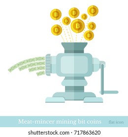 Flat vector icon of finance and business, bit coins fall into a meat grinder and banknotes out