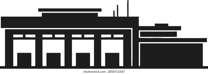 A flat vector icon of a fire station building, representing emergency services, public safety, and fire department facilities.