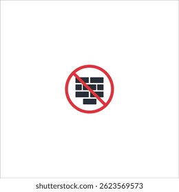 Flat vector icon of firewall crossed out with prohibition symbol. Represents disabled firewall, unprotected system, digital vulnerability or cyber warning.