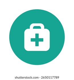 Ícone vetor plano de um kit de primeiros socorros com uma cruz médica. Símbolo de ajuda emergencial, assistência médica e equipamentos médicos. Ideal para clínicas, hospitais, infográficos, aplicativos de saúde e materiais de segurança.