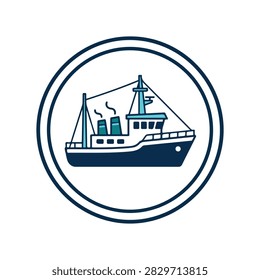Flat vector icon of a fishing boat sailing within a circular frame