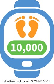 Flat vector icon of fitness tracker smartwatch showing step counter with footprint symbol and 10000 steps goal. Clean modern wearable health monitoring interface design on white background for fitness and wellness use.
