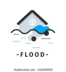 Flat vector icon of flooded house and car. Natural disaster. Illustration of dangerous catastrophe