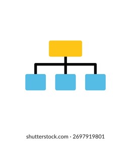 Flat vector icon of a flowchart showing connected boxes symbolizing business process, workflow, and organizational structure. Colorful design for strategy, management, and project planning concepts.