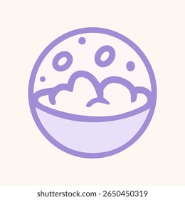 Flat vector icon of foamy soap bowl in purple outline style, suitable for cleanliness, hygiene, bath time, spa graphics, and self-care themed illustrations