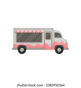 Flat vector icon of food truck. Small gray van with awning. Cafe on wheels. Graphic design for promo poster