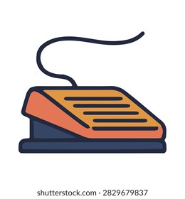 A flat vector icon of a foot pedal controller with a cable, featuring a modern orange and dark blue color scheme, suitable for music production, industrial machinery, or technology interface design.