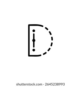 Um ícone de vetor plano que forma uma forma em D com uma linha vertical sólida e um arco tracejado, apresentando três pontos na linha. Estilo em linha única. Isolado no branco.