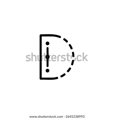 A flat vector icon forming a D-shape with a solid vertical line and dashed arc, featuring three dots on the line. Monoline style. Isolated on white.