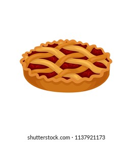 Flat vector icon of freshly baked pie with cherry filling. Sweet food. Delicious dessert. Element for promo poster of pastry store