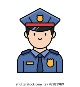 Flat vector icon of a friendly police officer wearing uniform with policeman