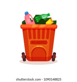 Flat vector icon of garbage bin with plastic waste. Empty bottles and cup in orange container. Trash sorting theme
