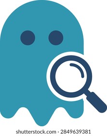 Flat vector icon of a ghost character with a magnifying glass, representing searching for inactive users, finding dormant accounts or investigating offline profiles in software.