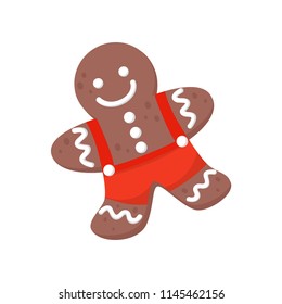 Flat vector icon of gingerbread man decorated with colored icing. Delicious Christmas cookie. Sweet food theme