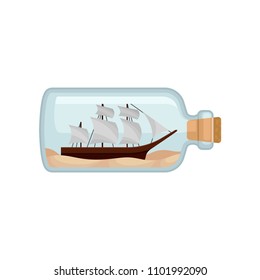 Flat vector icon of glass bottle with sand and wooden ship inside. Sea theme. Miniature model of sailing vessel