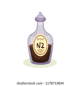 Flat vector icon of glass bottle with brown medical liquid. Purple transparent flask with pharmacy mixture
