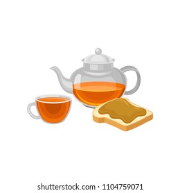 Flat Vector Icon Of Glass Teapot And Cup With Fresh Brewed Tea, Toast With Peanut Butter. Delicious Breakfast. Food And Drink Theme