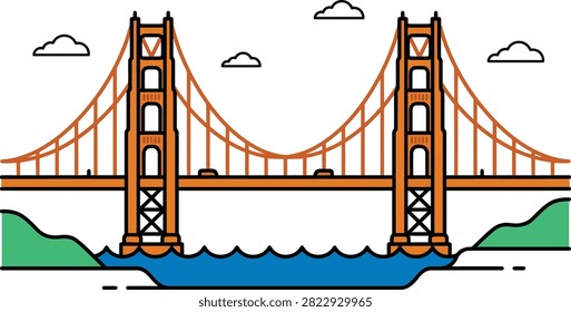 Flat vector icon of the Golden Gate Bridge with clouds and hills, ideal for California Admission Day landmark content.