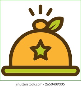 Ícone vetor plano de um cloche de serviço dourado com um emblema de estrela, apresentando um botão e contorno marrom arrojado para temas de hospitalidade.

