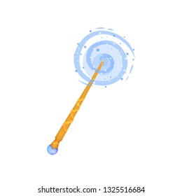 Flat vector icon of golden wand with blue gemstone and bright sparkles. Magic stick. Tool of wizard