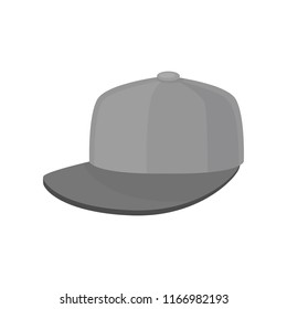 Flat vector icon of gray baseball cap. Hat with hard sun visor. Unisex headwear. Trendy accessory