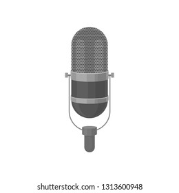 Flat vector icon of gray dynamic microphone in vintage style. Metal mic. Equipment of record or radio studio