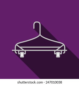 Flat vector icon for gray hanger. Flat vector icon for gray metallic or plastic hanger with clothespins on purple background. Long shadow design.