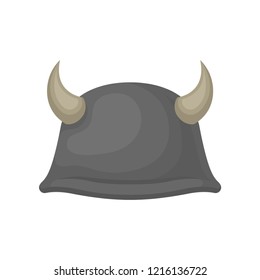 Flat vector icon of gray metal helmet with animal horns. Solid protective headgear. Hard hat for motorcyclist