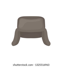 Flat vector icon of gray ushanka. National Russian cap with ear flaps. Warm fur hat. Winter headdress