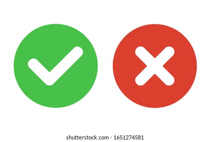 Flat vector icon. Green check mark and red cross. Right and wrong. Vector yes and no check marks on circles. Vector illustration.