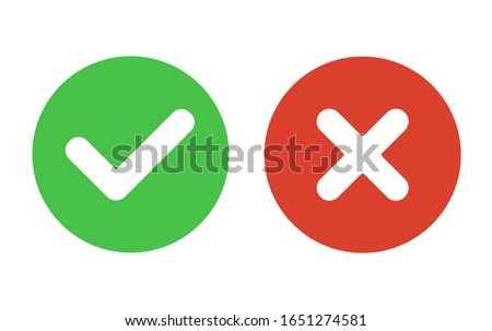 Flat vector icon. Green check mark and red cross. Right and wrong. Vector yes and no check marks on circles. Vector illustration.