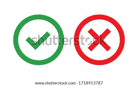 Flat vector icon. Green check mark and red cross outline icons. 