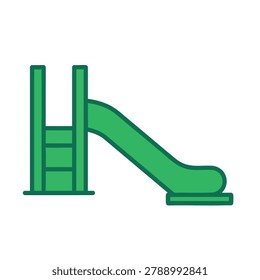 A flat vector icon of a green playground slide featuring a ladder and a smooth curved chute design on a white background