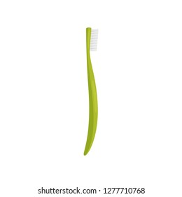 Flat vector icon of green toothbrush with soft bristles. Health and oral hygiene theme