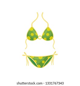 Flat vector icon of green two-piece swimsuit with yellow floral pattern. Trendy bikini. Women clothing for swimming