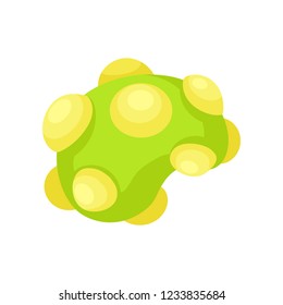 Flat vector icon of green virus with yellow cells. Disease-causing bacteria under microscope. Dangerous microorganism