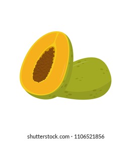 Flat vector icon of half and whole papaya pawpaw . Delicious tropical fruit. Element for product packaging, advertising poster or flyer