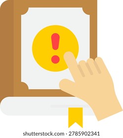 Flat vector icon of a hand clicking an urgent warning exclamation symbol on a law book cover, representing penal code violation detection.