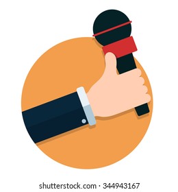 flat Vector icon - hand holding microphone. Live news. Press illustration.
