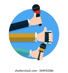 flat Vector icon - hand holding microphone. Live news. Press illustration.