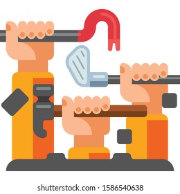 Flat Vector Icon Of Hands Holding Destruction Tools. Crowbar, Golf Club, Hammer. Rage Room Group Package Concept Illustration.