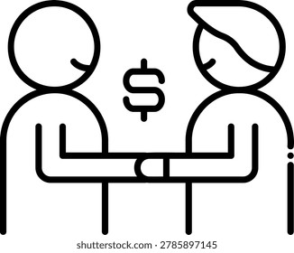 Flat vector icon of a handshake between two businessmen with a dollar sign floating between them, representing collusion or insider deals.