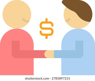 Flat vector icon of a handshake between two businessmen with a dollar sign floating between them, representing collusion or insider deals.