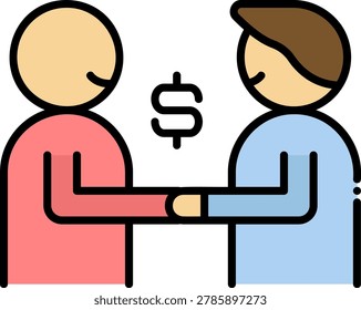 Flat vector icon of a handshake between two businessmen with a dollar sign floating between them, representing collusion or insider deals.