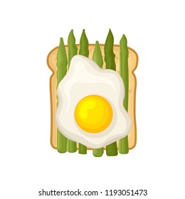 Flat vector icon of healthy and tasty sandwich. Toasted bread with green asparagus and fried egg. Delicious snack for breakfast
