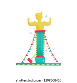 Flat vector icon of high striker attraction with big hammer and muscular man on top. Amusement park equipment